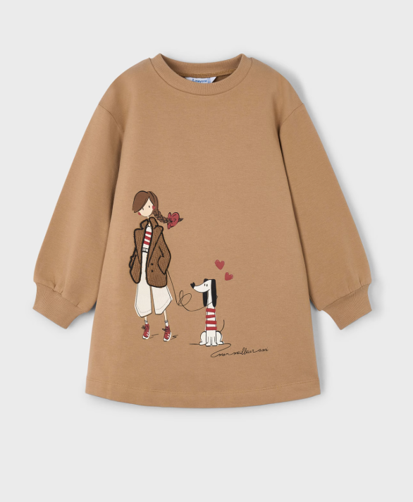 Mayoral Longline Sweatshirt Dress Girl & Dog Style 4929 - Camel